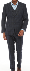 ISAAC SAVCI - Blue & Charcoal Plaid Three Piece Suit