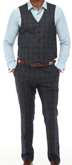 ISAAC SAVCI - Blue & Charcoal Plaid Three Piece Suit