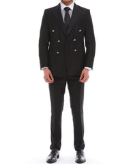 ICONIC BLACK DOUBLE - Black Double Breasted With Black Crested Buttons Suit