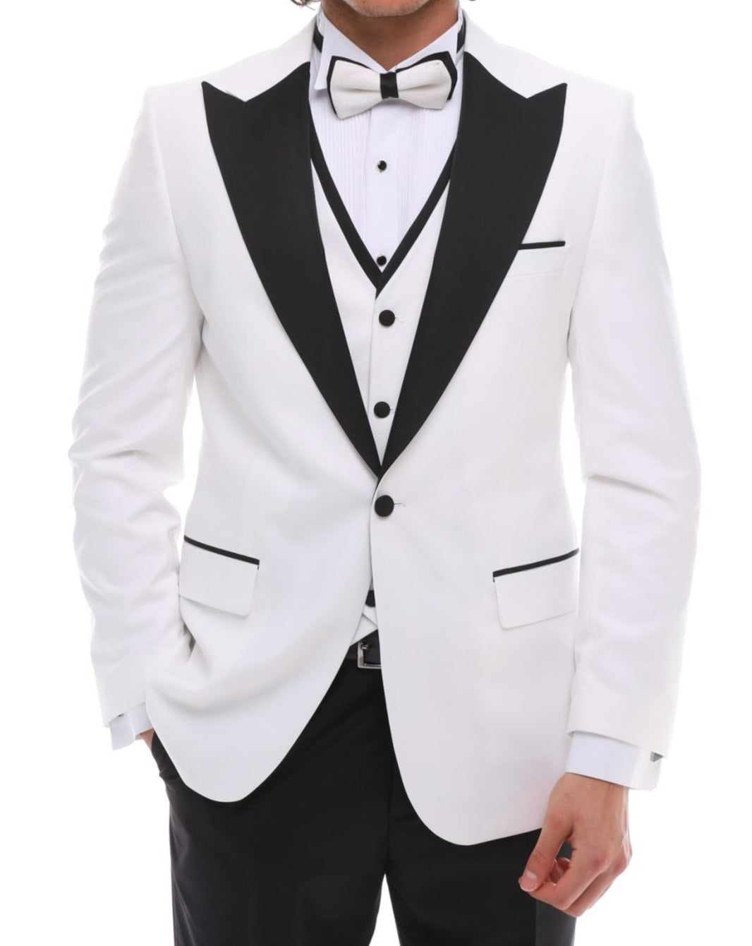 Men's ANTIQUE White 4 Piece Tuxedo - White & Black Peaked Lapel Satin Details Suit