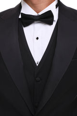 ANTIQUE BLACK PEAK LAPEL - Black Satin Four Piece Tuxedo