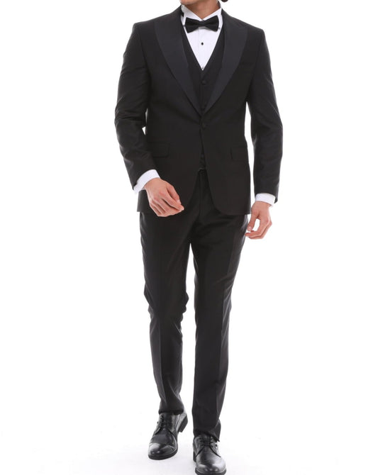 ANTIQUE BLACK PEAK LAPEL - Black Satin Four Piece Tuxedo