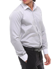 Grau-weiß gestreiftes Hemd mit weißem Kragen - Einfaches Bügeln gestreiftes graues Hemd