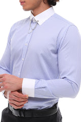 Flieder &amp; Weiß Gestreiftes Hemd Mit Weißem Stehkragen - Einfaches Bügeln Gestreiftes Flieder Hemd Mit Stehkragen