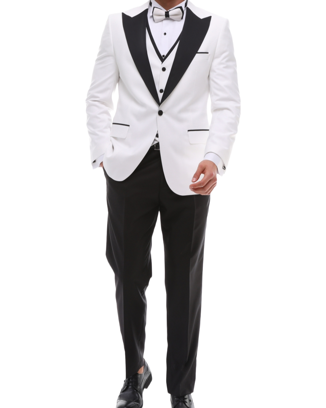 ANTIQUE WHITE PEAK LAPEL - White & Black Satin Four Piece Tuxedo