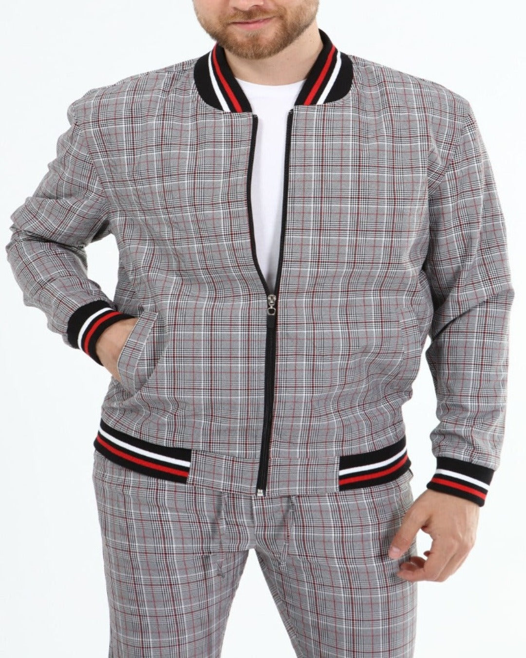 ICONYN GENTLEMAN BOMBER JACKET - Grey and Red Check