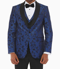 CHARLES' CROWN- Blauer Barcode mit schwarzem Satinstoff 4-teiliger Abend- und Hochzeitsanzug