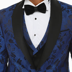 CHARLES' CROWN- Blauer Barcode mit schwarzem Satinstoff 4-teiliger Abend- und Hochzeitsanzug